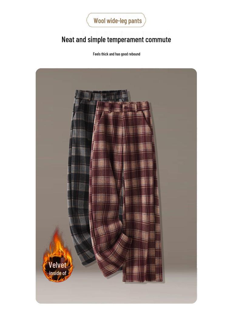 Women's Winter Plaid Wool High-Waisted Straight-Leg Cashmere Pants - Slimming, Loose, and Stylish
