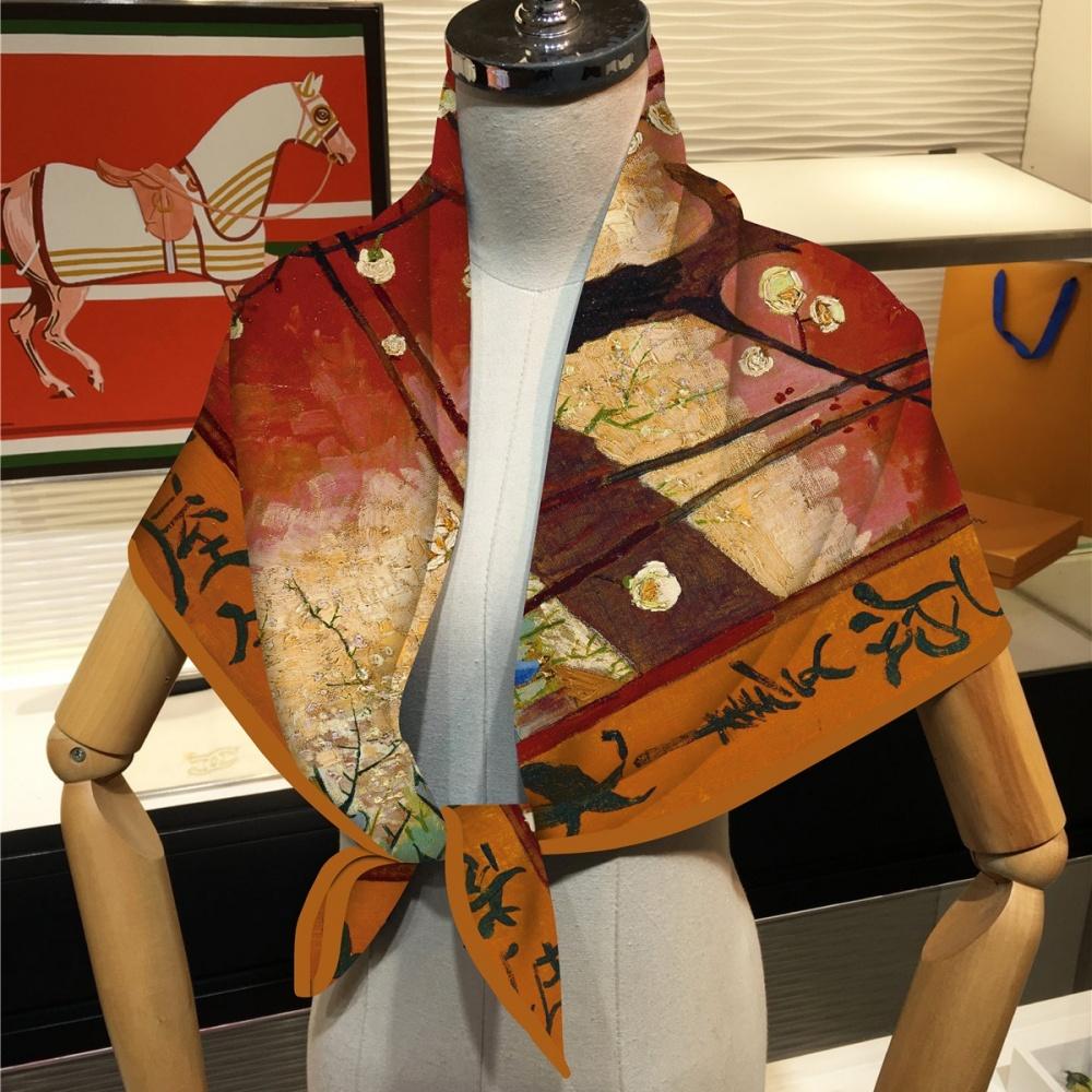 90Cm Twill Silk Scarf Fashion Shawl Van Gogh Oil Painting Square Scarf Women Hijab Bandana Foulard Head Scarves Wraps