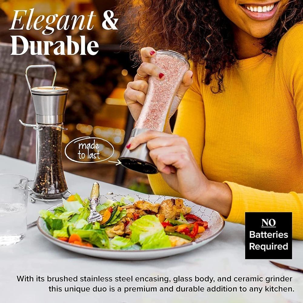 Salt And Pepper Grinder Set  with Stand Stainless Steel Combo Shakers with Adjustable Coarse Mills for Peppercorns Rock Salt