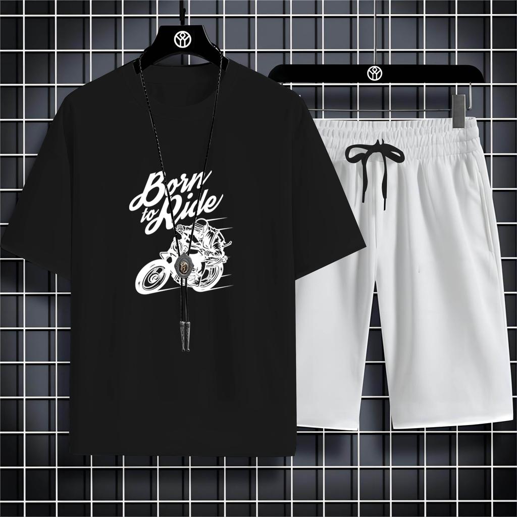 Summer Round Neck Men'S Outdoor Casual 2d Motorcycle Print Loose Comfortable Breathable Short Sleeve T-Shirt Beach Set T-Shirt