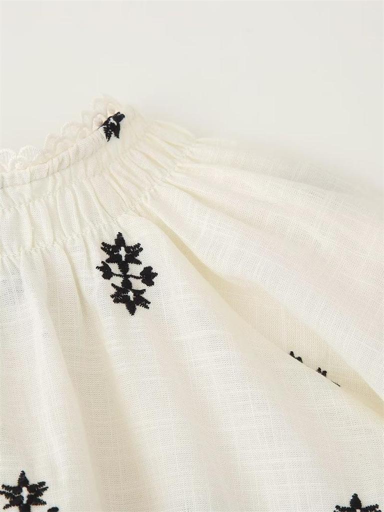 Spring/Summer 2025 Women's Casual Embroidered Long Sleeve Tie-Up Shirt 4387051