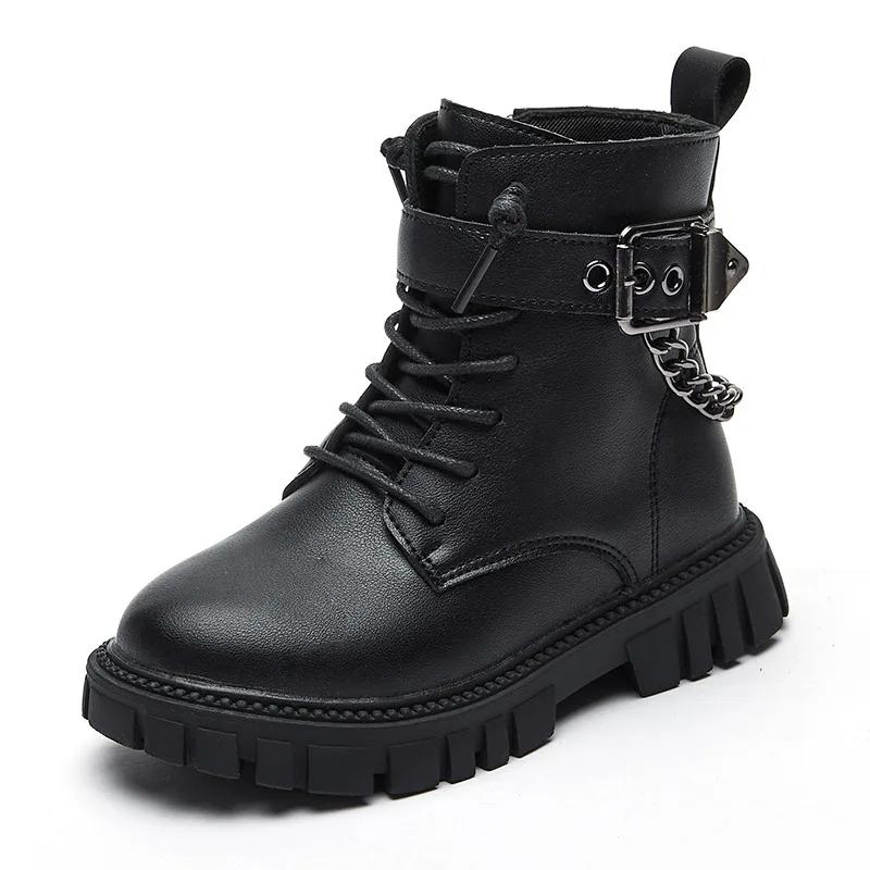 Children Boots Soft-soled Girls Tide Boots Autumn and Winter Warm British Style Boys Leather Boots Student Metal Chain Hot