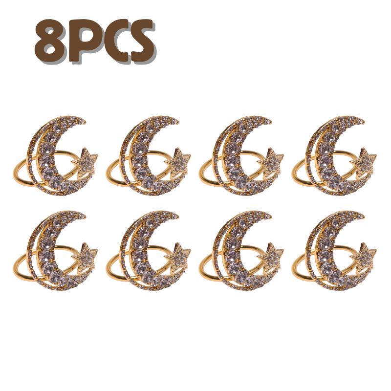 1-30PCS Ramadan Napkin Ring Set Gold Star Moon Design Alloy Crystal Metal Hollow For Holiday Tableware Durable Holder
