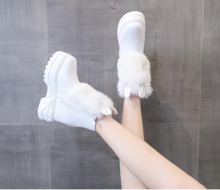New Chunky Boots Women Rabbit Fur Waterproof High Platform Warm Sneakers Winter Leather Snow Boots 9.5CM Thick Sole Ankle Boots