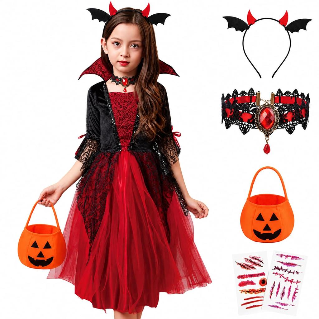 GOKEI Halloween Vampire Dress Witch Costume Kids Cosplay Girls Devil Wings Headband Choker Outfit Cute Long Disguise Photography School Festival
