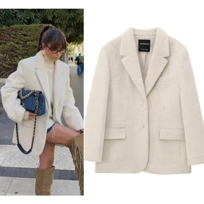 Winter Women's Fashion White Faux Fur Effect Straight Cut Loose Edition Casual Suit Jacket