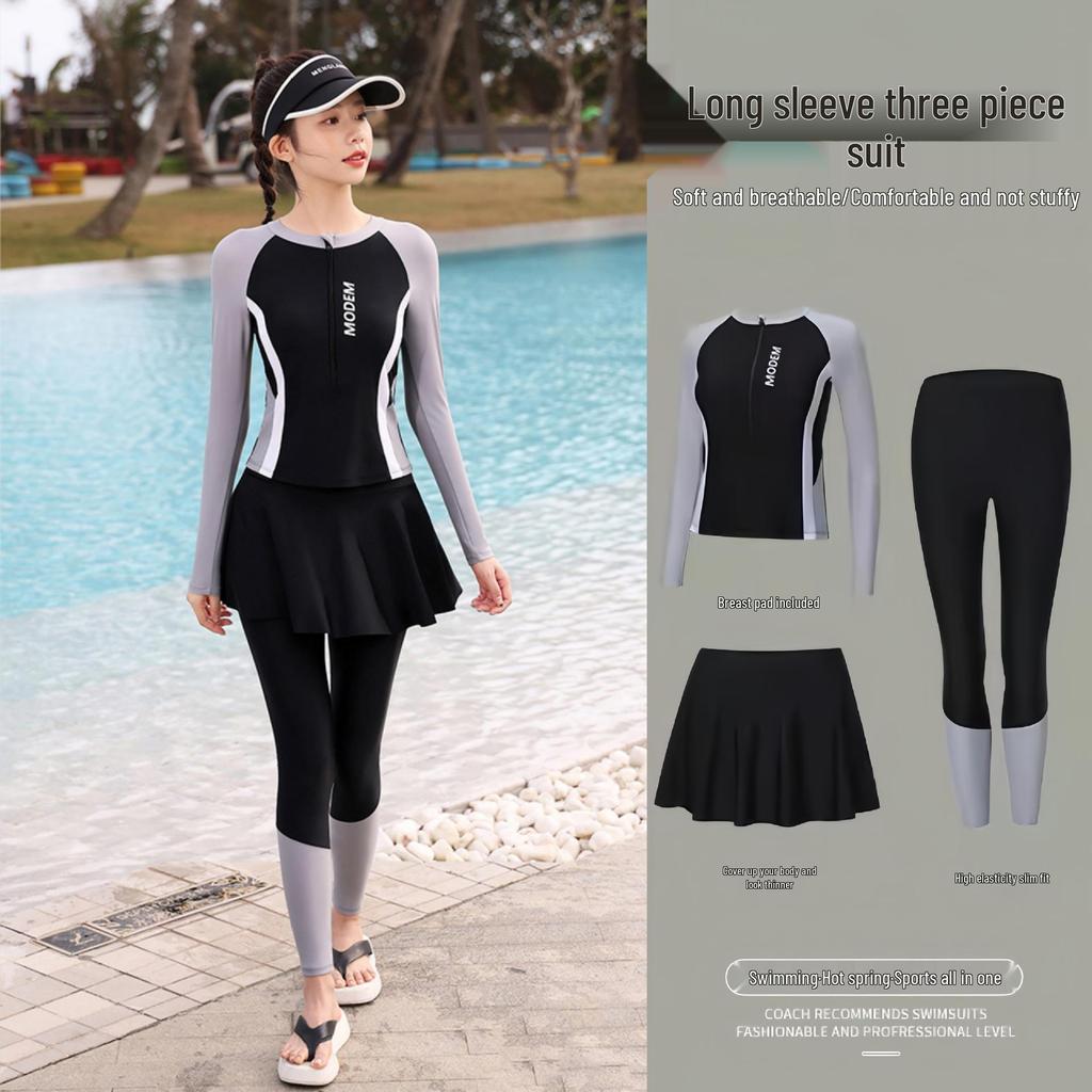 Women's Three-Piece Swimsuit: 2026 Sun Protection with Long Sleeves & Pants for Diving & Hot Springs.