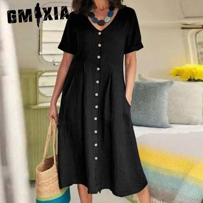 Vestido de linho de algodão solto com cintura alta e cor sólida para primavera/verão