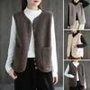Fall Winter Women Vest Coat V Neck Fleece Single-breasted Double Pockets Sleeveless Cardigan Solid