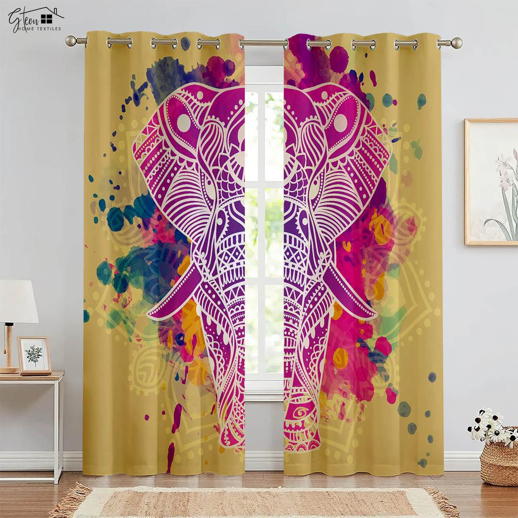 Elephant Pattern 3D Printed Curtains Nordic Style Live Background Homestay Bedroom Living Room Fortune Decoration Curtains 2PCS