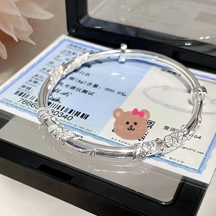 999.9 Pure Silver Bangle - Women's Sterling Silver Bracelet, Qixi Valentine's Day Gift for Wife or Girlfriend