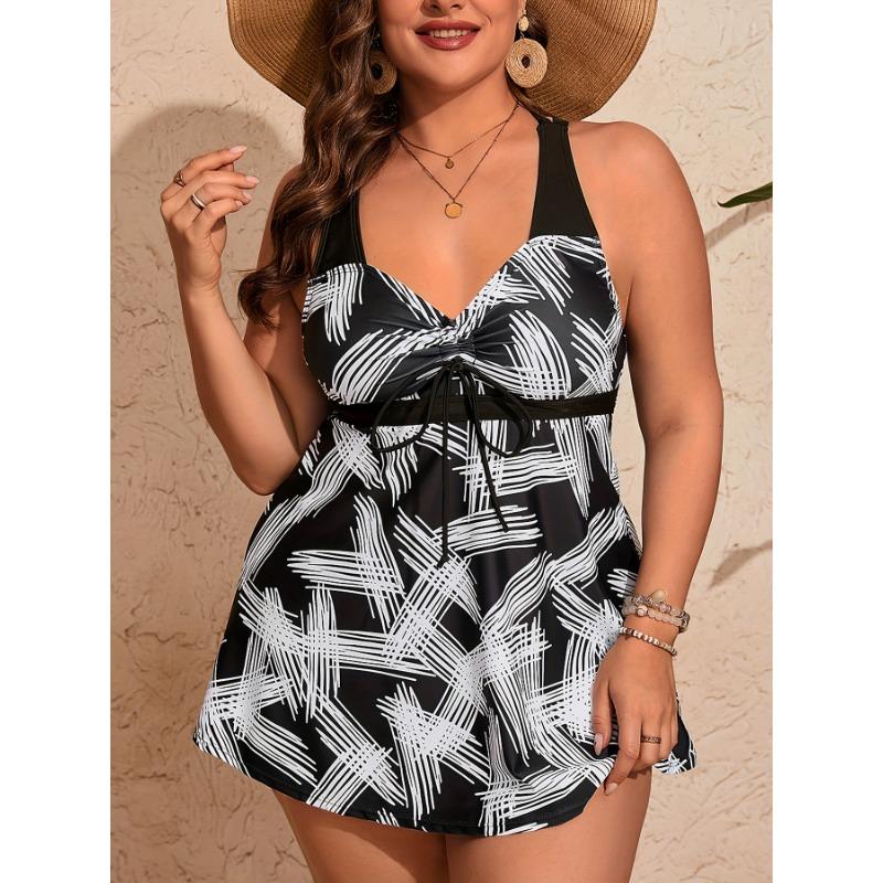 

Повседневный комплект танкини больших размеров, женский комплект из двух предметов: топ с графическим принтом, перекрещивающимися складками на спине, завязками спереди и V-образным вырезом, шорты 5XL(22)