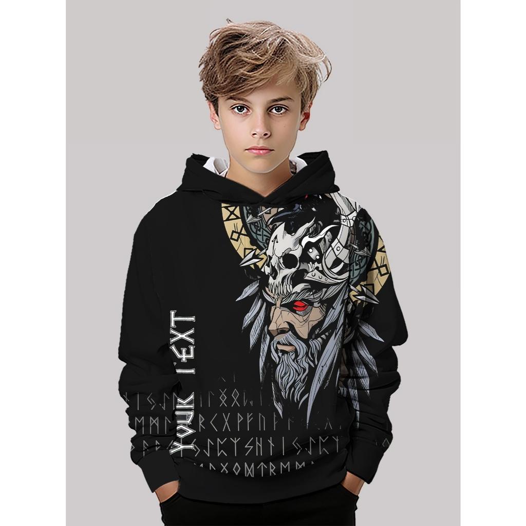 Boys' 3D Printed Nordic Mythical Hoodie - Black Viking Skull and Rune Pattern, High Quality Printing