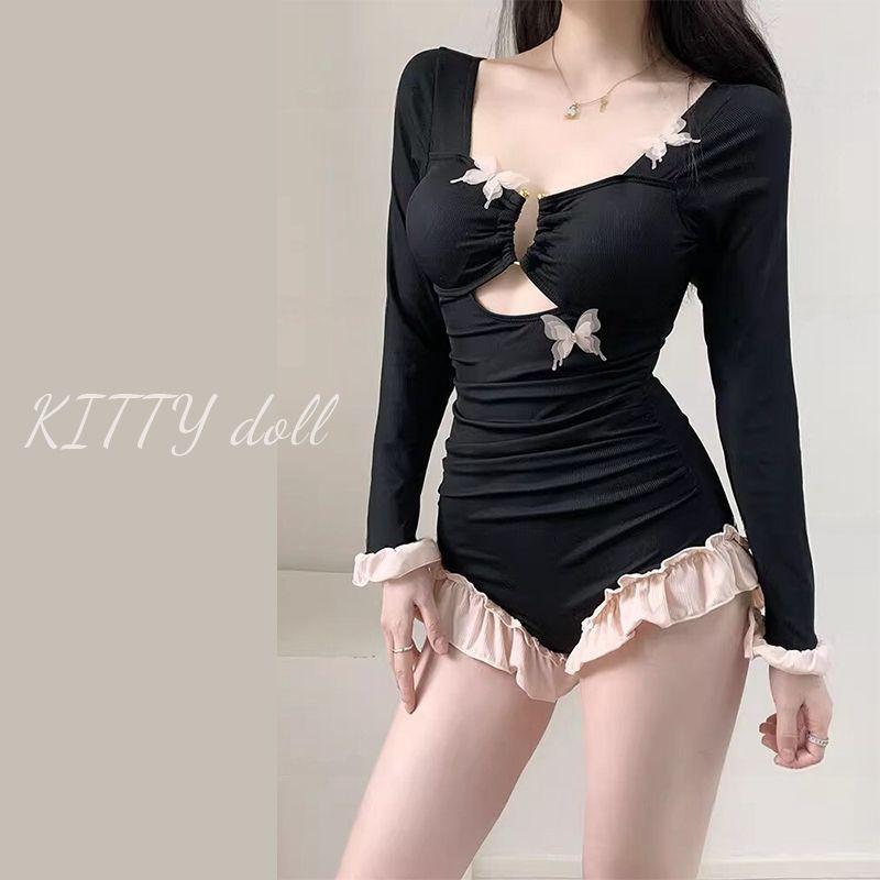 

One-piece Swimsuit Women s High-end Sexy Pure Desire Slightly Fat Girl Covers Flesh Shows Slimming Beautiful Conservative Long Sleeves M чёрный