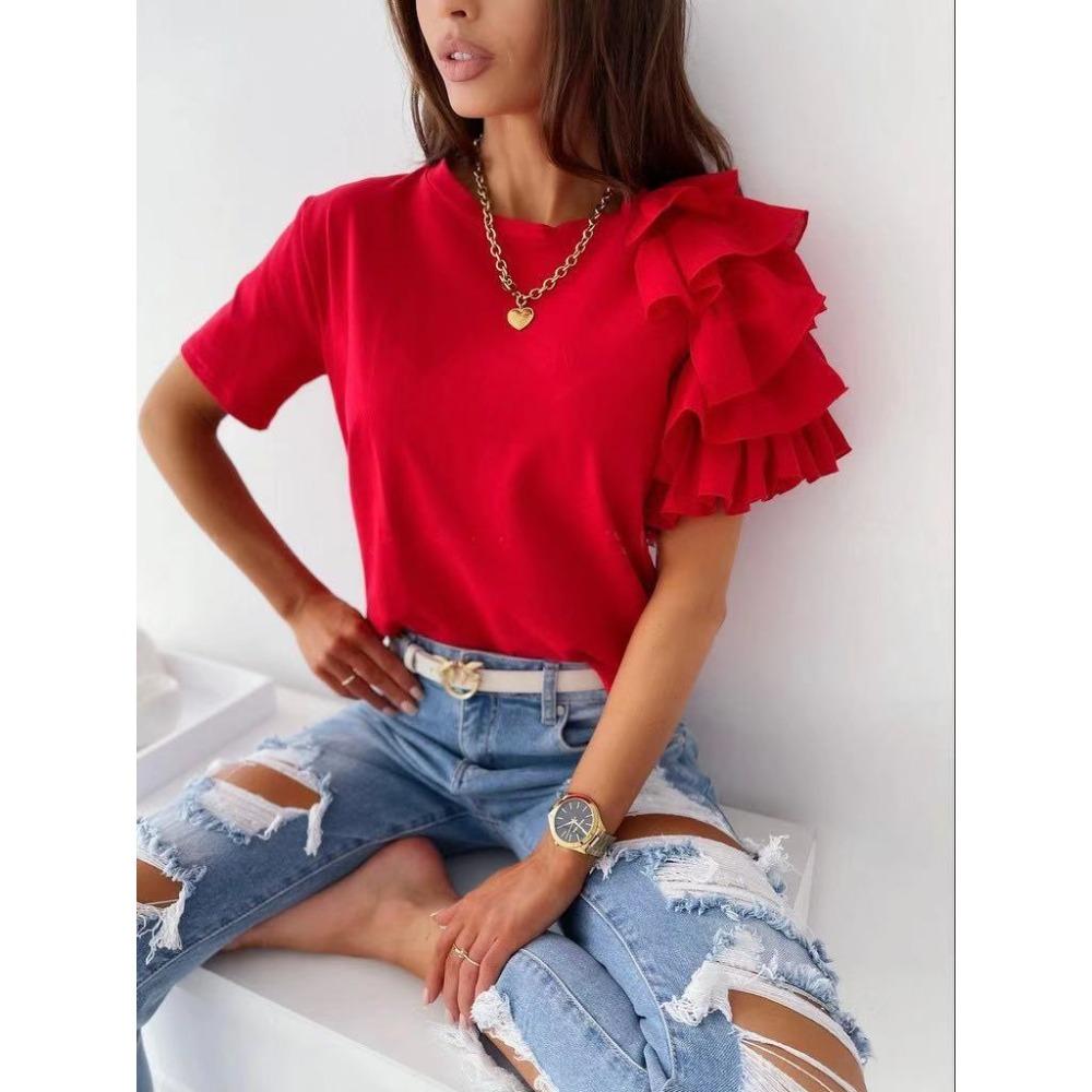 GMXIA Summer Simple and Fashionable Ruffled Short-sleeved, Versatile O-neck T-shirt