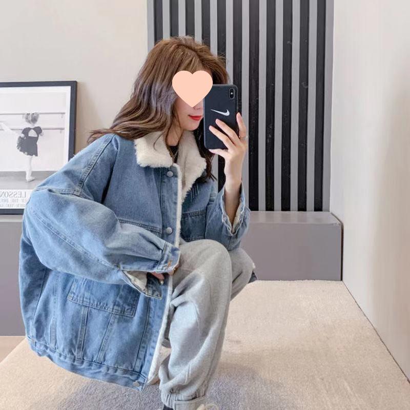 Women's Korean-Style Lambswool Denim Jacket - Autumn/Winter Loose Fit, Short Petite Student Design, Plus Velvet, Thick Cotton