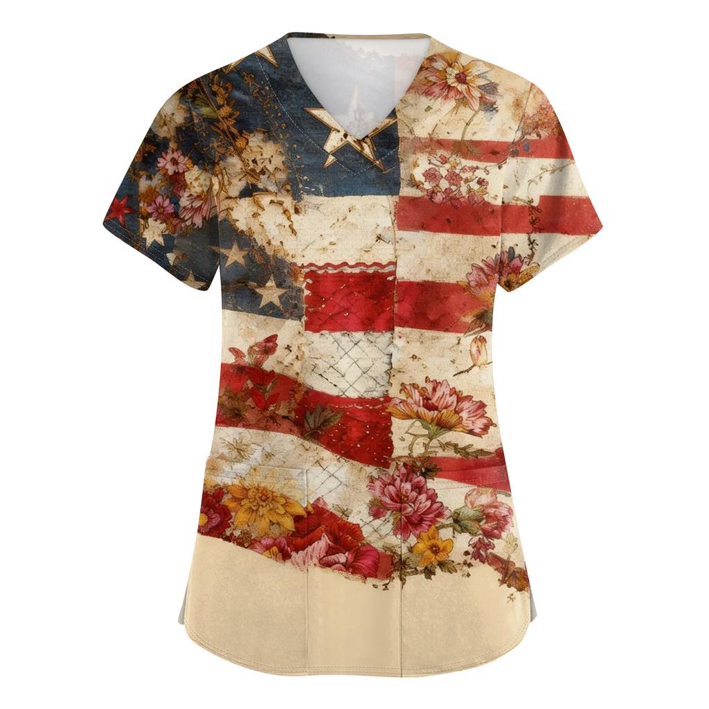Women's Short-Sleeve Independence Day Print V-Neck Pocket Workwear Top