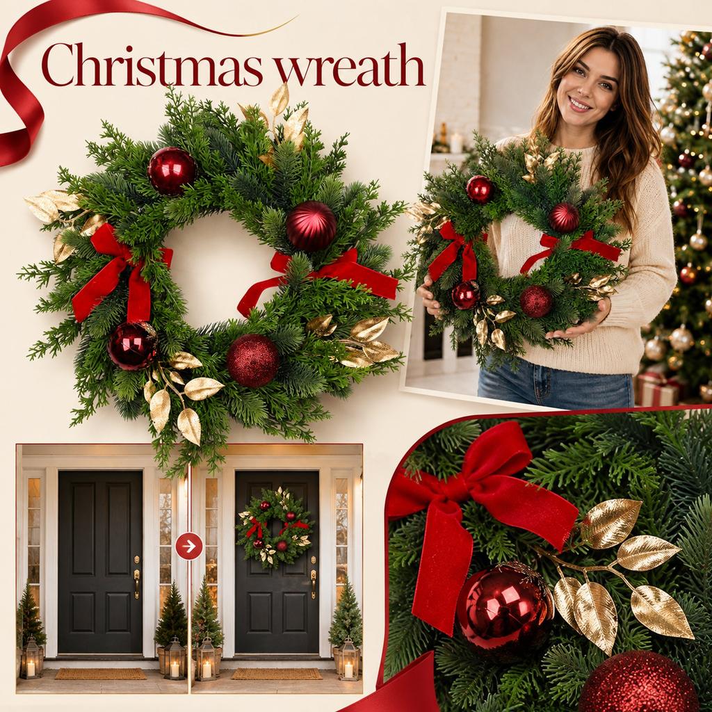 40cm Artificial Christmas Wreath with Red and Gold Ornaments and Velvet for Front Door Holiday Decor