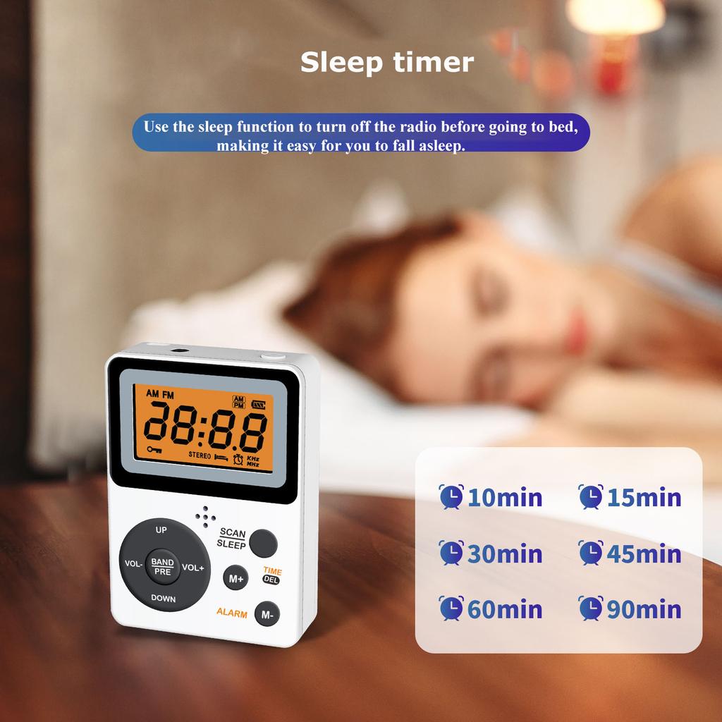 Radio Mini FM AM Dwuzakresowy odbiornik radiowy z wyświetlaczem LCD Obsługa słuchawek 3,5 mm Budzik Wyłącznik czasowy 2 * Zasilanie bateryjne AAA