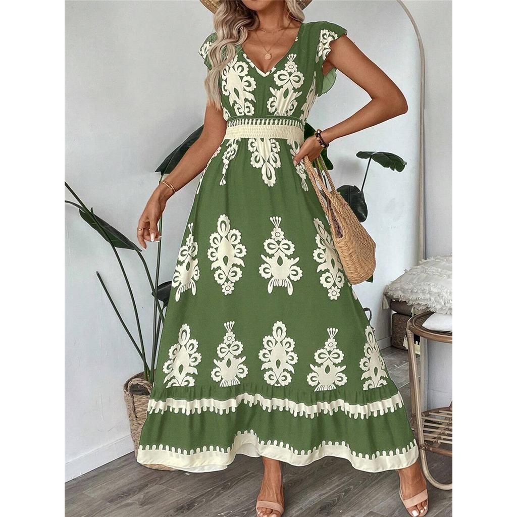 Damen Sommerkleid V-Ausschnitt Fliegende Kurzärmel Strandkleid Druck High Waist Fließender Saum Urlaubskleid