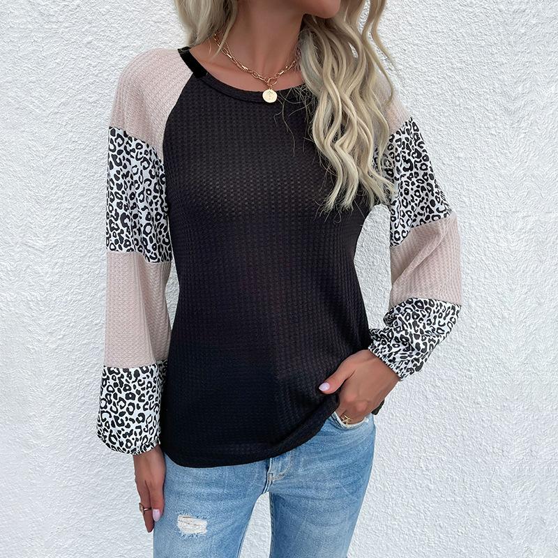 Women's Crew Neck Knitwear, Color-Block, Leopard Print