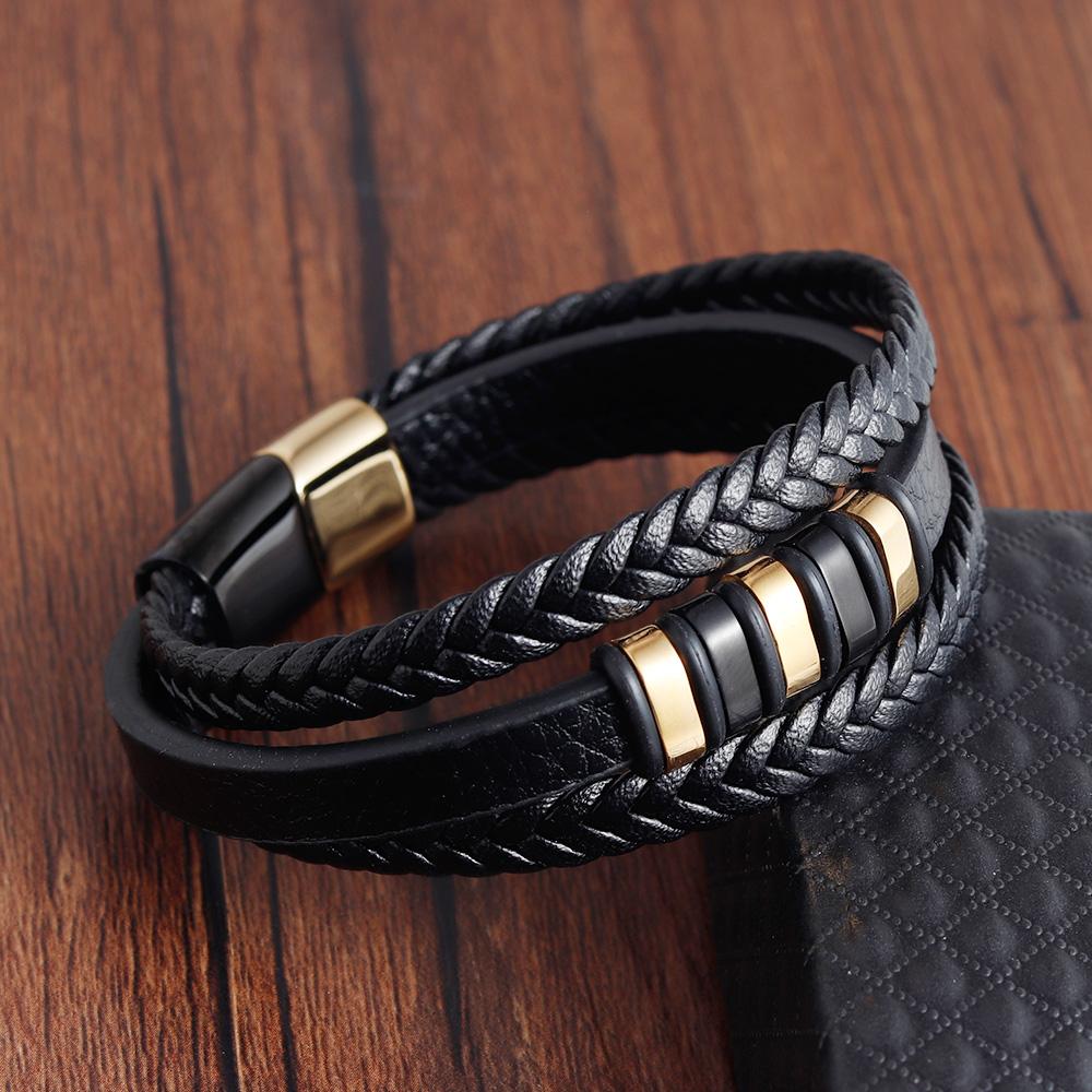 Fashion Male Jewelry Bracelet Multilayer Braid Leather Rope Chain Stainless Steel Magnetic Clasp WristBand Male Jewelry