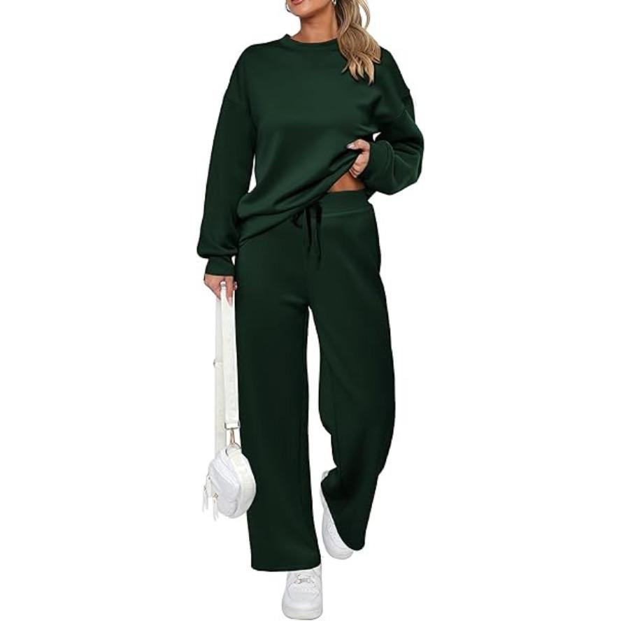 VEZFAA Damenmode Casual Frühling Herbst Einfarbig Druck Langarm O-Ausschnitt Hosen Hosen Anzüge
