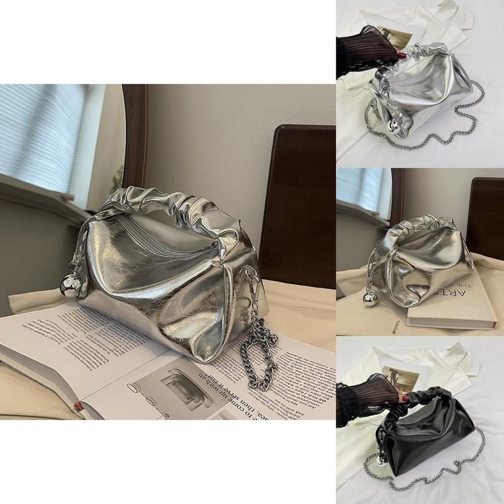 Chic Silver Chain Strap Bag For Women Soft Fabric Casual Fashionable Daily Accessory