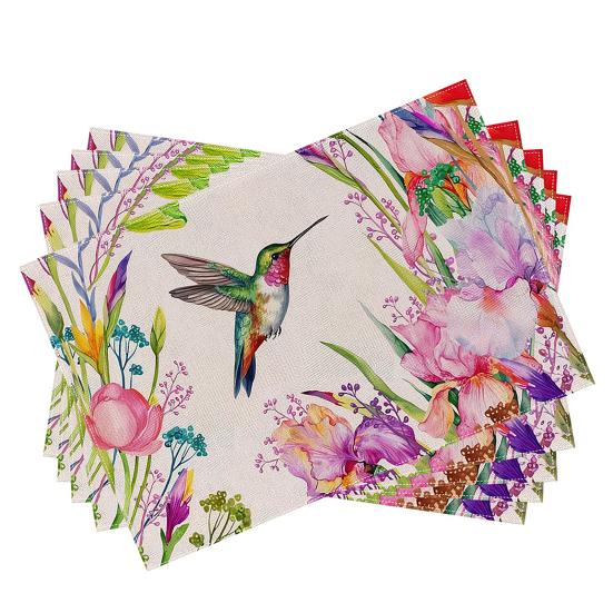 

5Pcs Floral Linen Placemats Cute Bunny Hummingbird Farmhouse Placemats Machine Washable Table Protection Mats for Home Dining Wedding Party