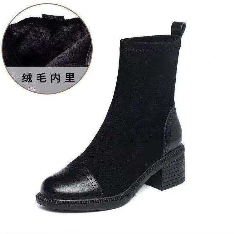 Elastic thin boots women's autumn and winter fleece thickened 2025 new soft leather splicing small bare boots medium heel thick heel medium boots