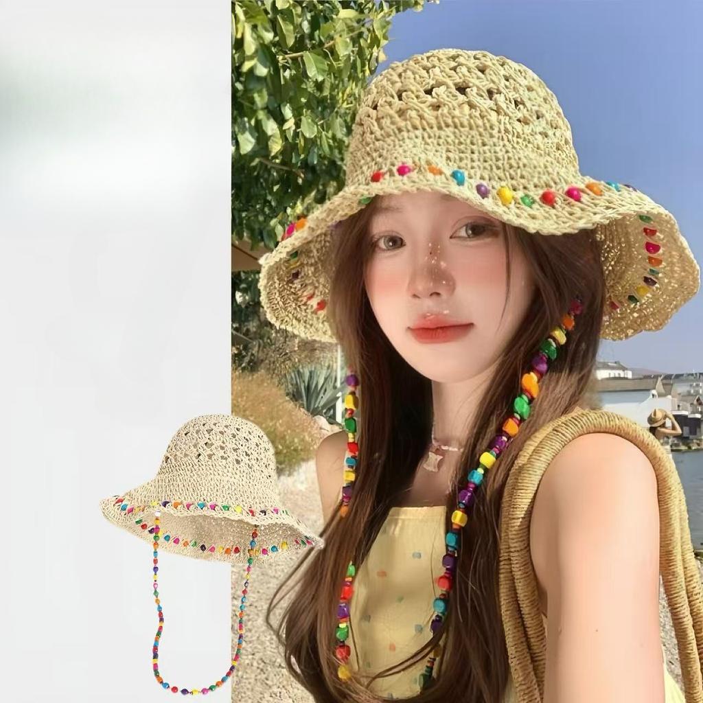 Chapeau Seau d'Été pour Femme en Paille Bord Large Protection Solaire Pliable Chapeau de Soleil avec Perles Colorées