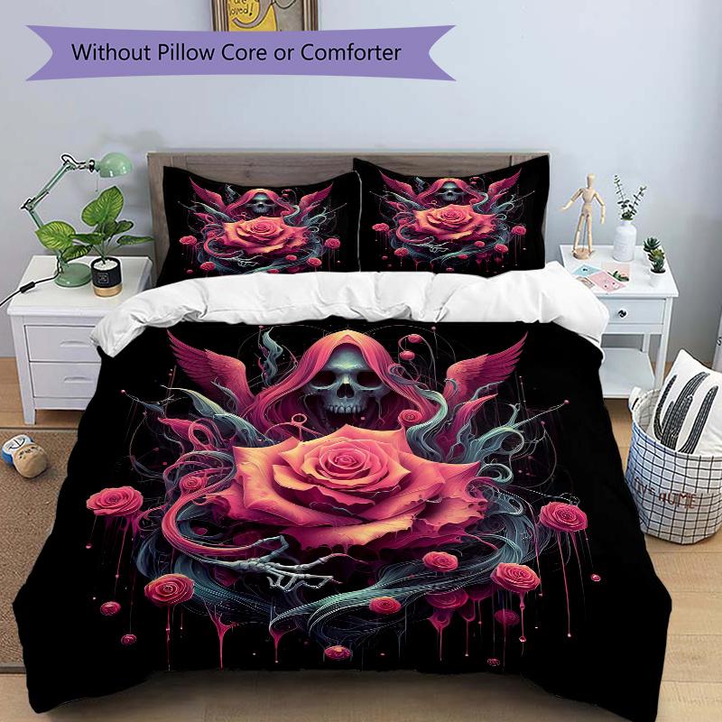 3pcs Gothic Rose Printed Quilt Set - Includes 1 Quilt Cover and 2 Pillowcases, Machine Washable - Suitable for All Seasons.W054