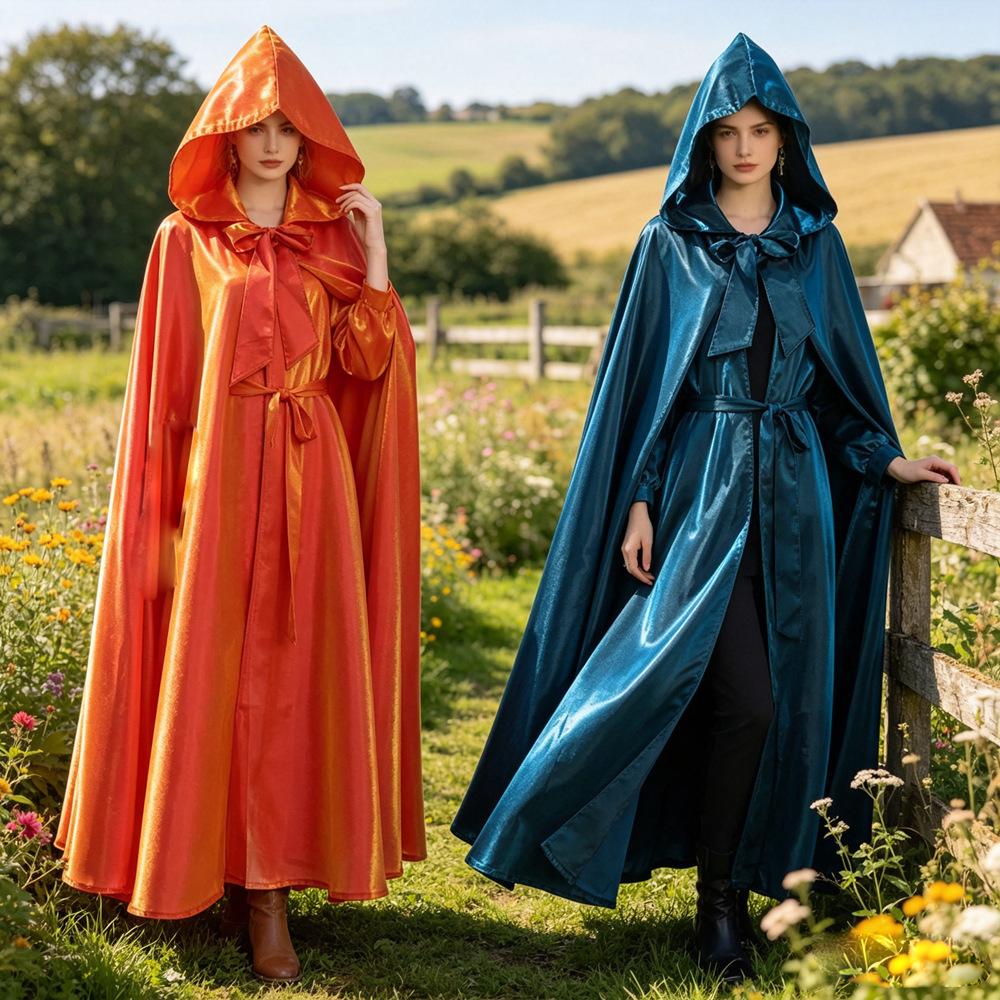 Halloween Cape Cloak with Hood for Adults Kids, Cosplay Costume, Tie Neck, Mid-Length Cape, Party Accessory, Magic Wizard Robe, Multipurpose