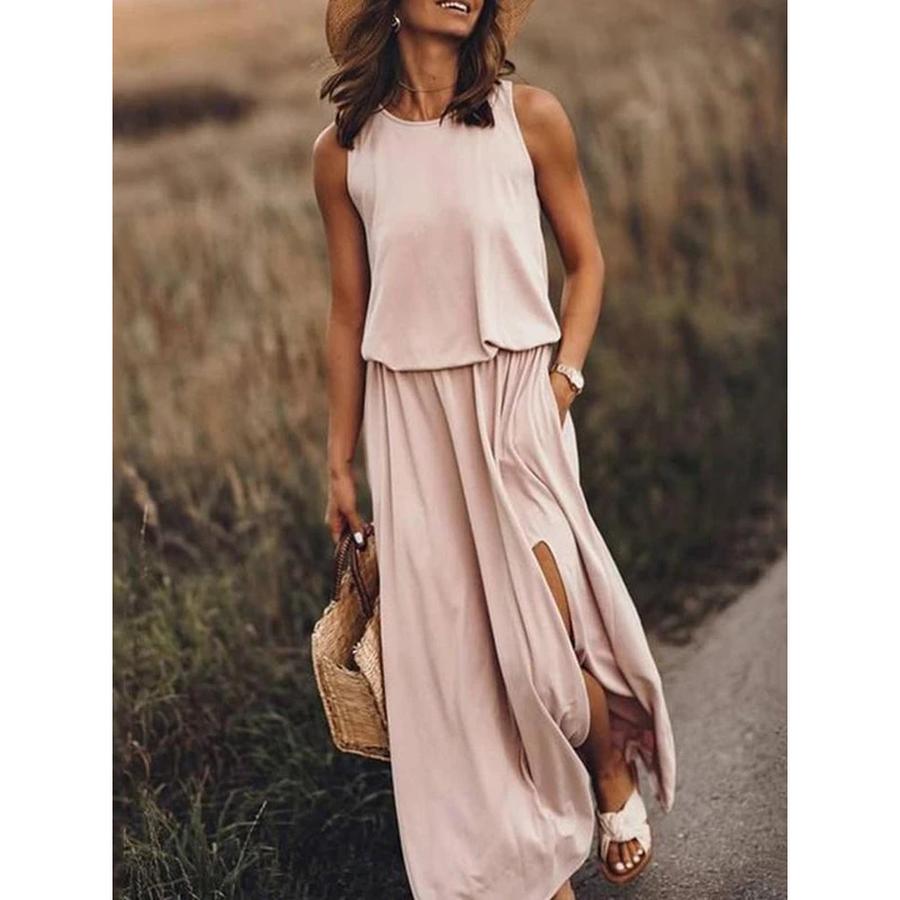 Summer New Women's Imported Dresses Round Neck Sleeveless A-Line Skirt High-Waisted Casual Work Commute Maxi Dress
