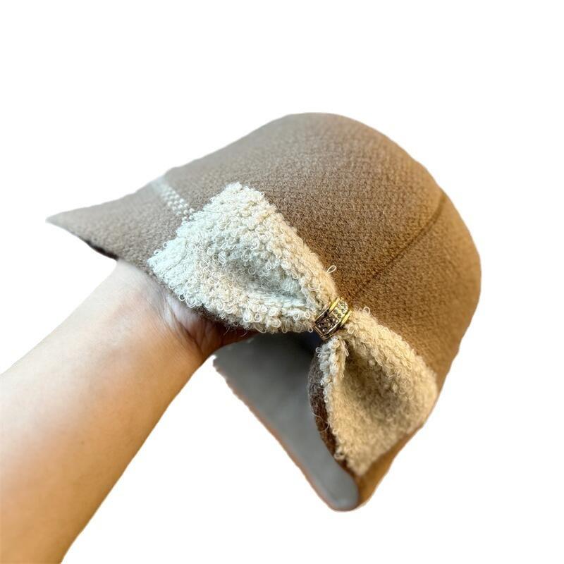 Women's Autumn and Winter Fashionable Warm Bowknot Fisherman Hat, Internet Celebrity Bucket Hat, Korean Style Versatile Knitted Hat