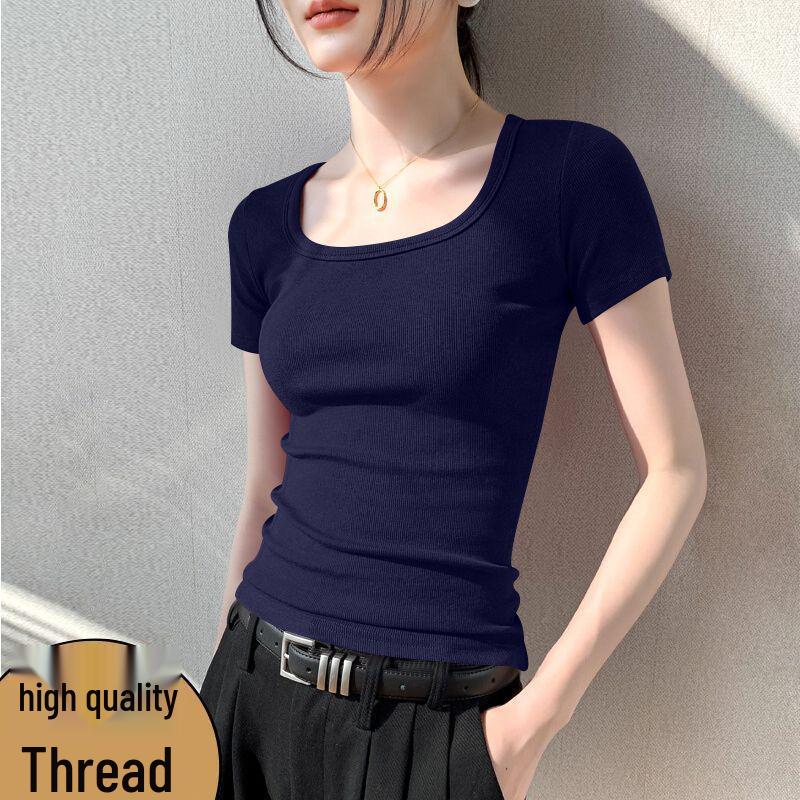 Damen Europäischer Trend Geripptes Quadratischer Ausschnitt Kurzarm T-Shirt - Atmungsaktiv, Anti-Pilling Mode