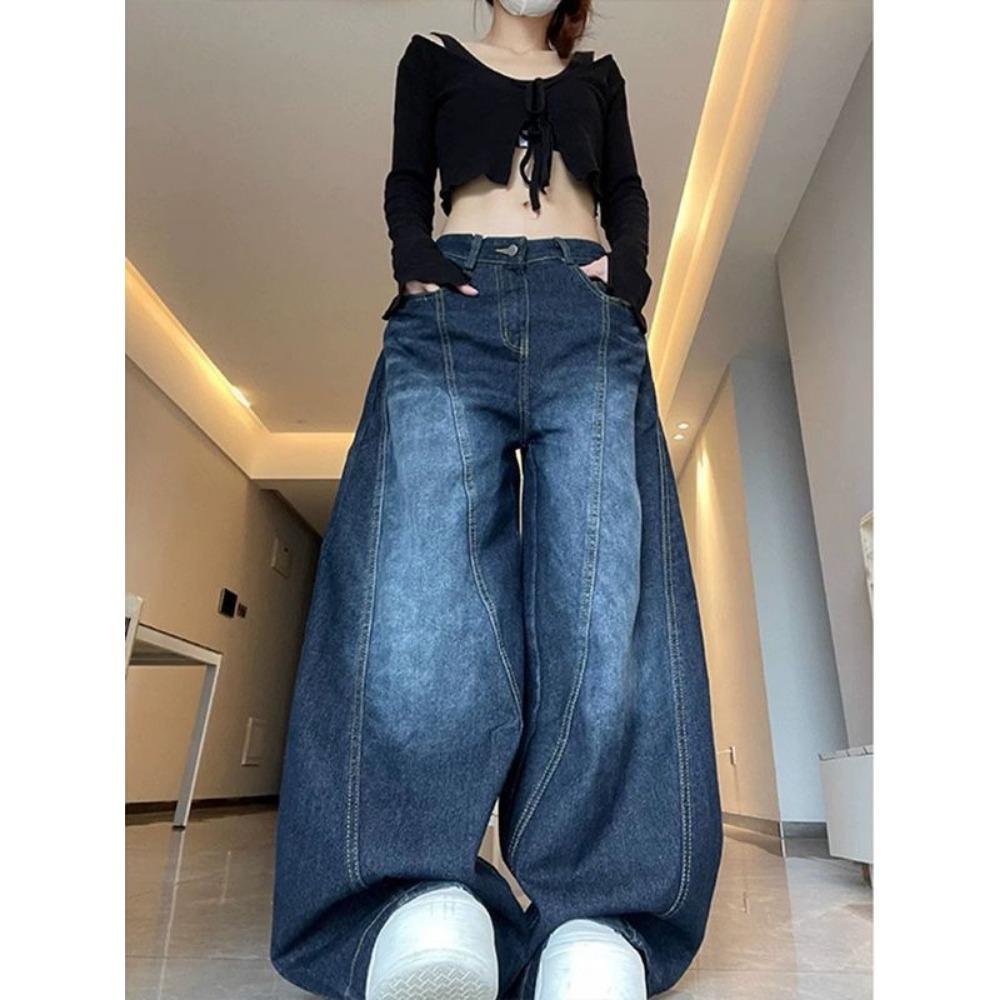 RogueWave Womens Jeans High Waist Vintage Design Hip Hop Straight Baggy Denim Pants Street Y2K American Style Wide Leg Denim Trouser 4XL blauw