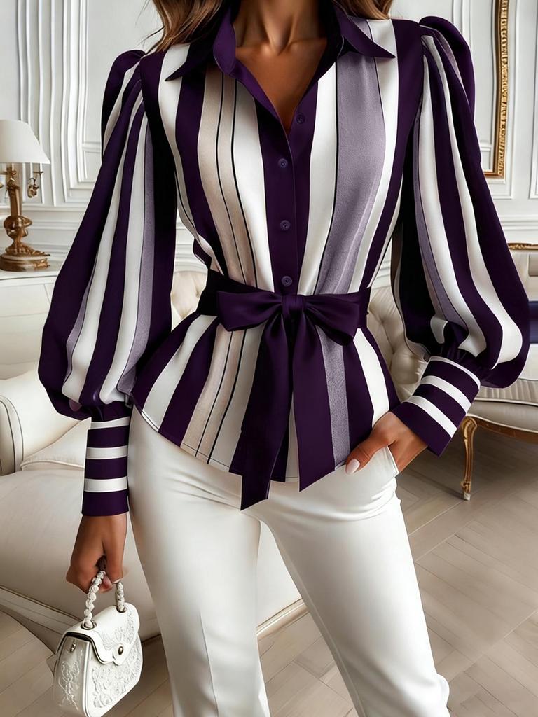 European American Women's Casual Long-Sleeve Bow Tie-Up Shirt