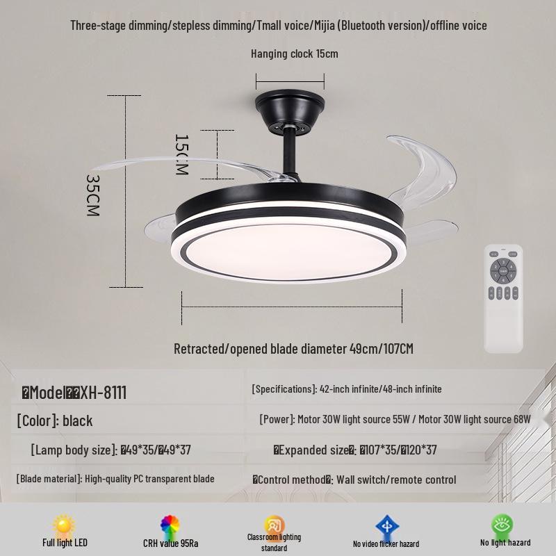 Invisible Silent Variable Frequency Ceiling Fan with Light for Living Room or Bedroom
