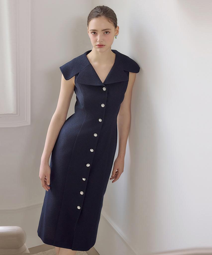 Julie And Kara 25Hs Collar124 Terroir Line Terroir Queen Sleeveless Tweed Dress Navy