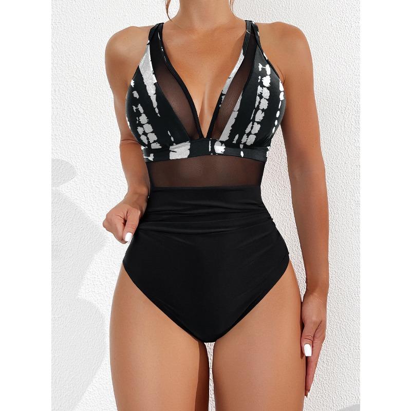 2026 New Bikini European and American Solid Color Mesh Halter Sexy Bikini One-piece Swimsuit Swimsuit