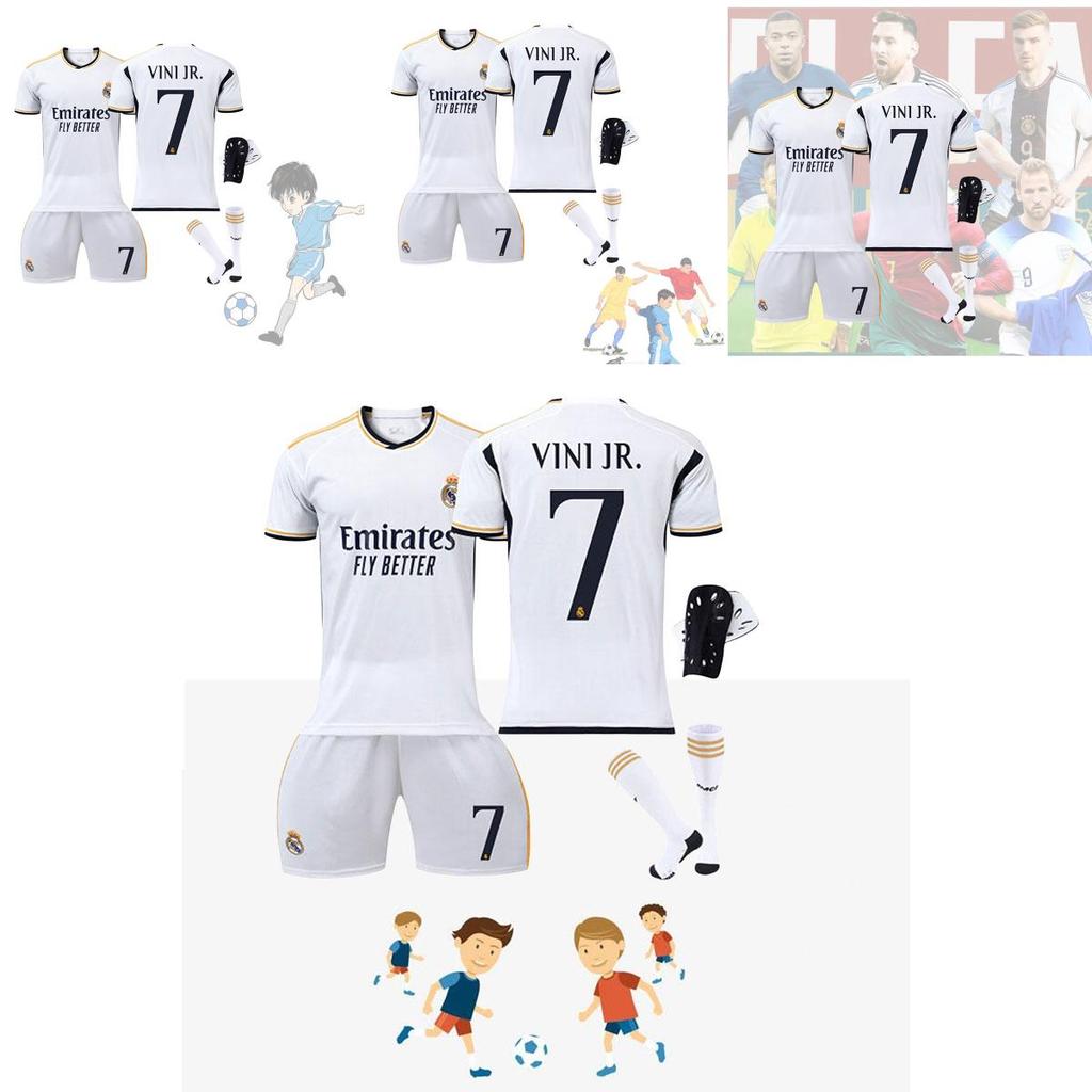 Real Madryt Domowy 7 Vini.jr Zestaw Koszulki Piłkarskiej Dla Dzieci i Dorosłych Tkanina Poliestrowa Koszulka Spodnie Skarpety i Sprzęt Ochronny w Zestawie
