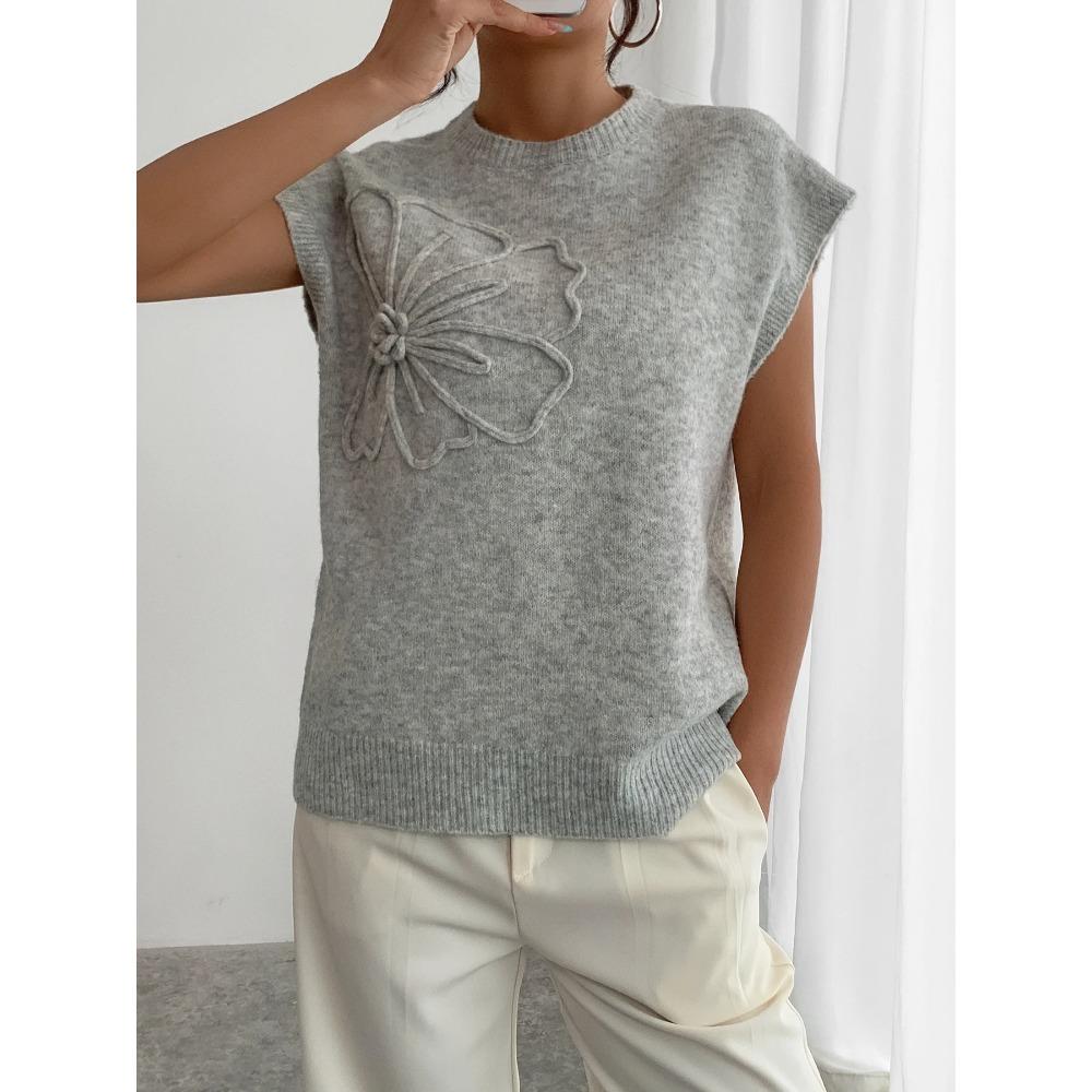 Gilet pull tricoté à col rond avec motif floral 3D élégant pour vêtements pour femmes