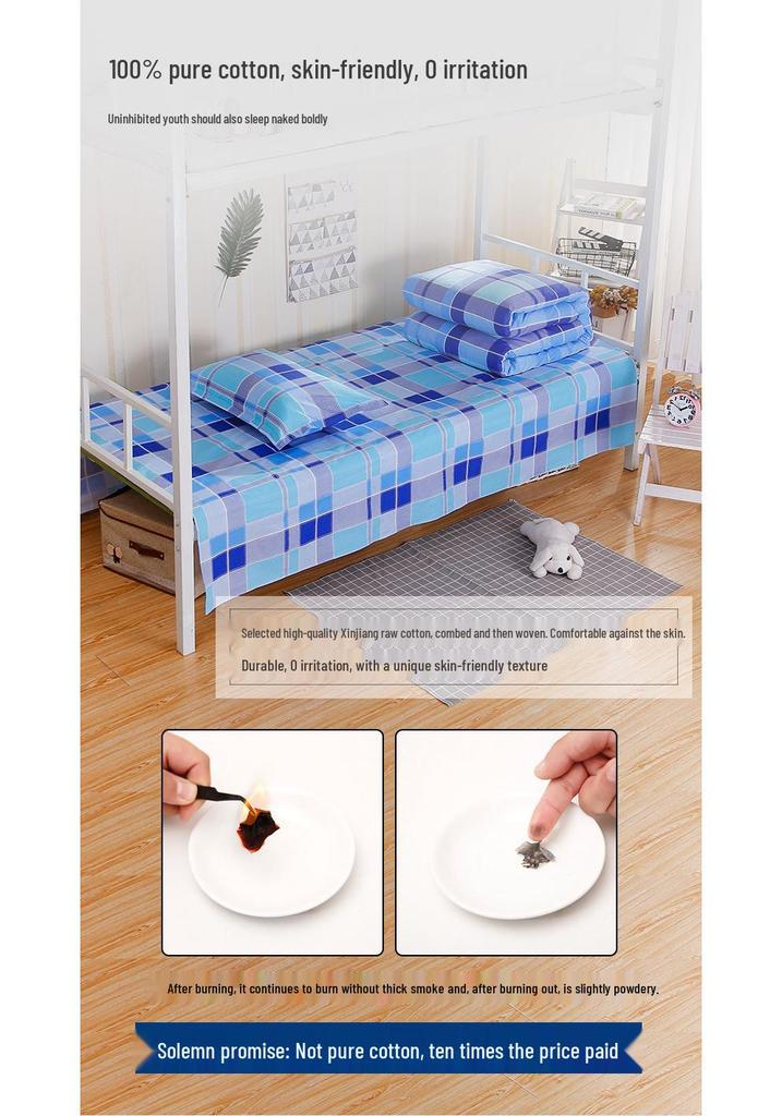 Dormitory Pure Cotton 3-Piece Bedding Set: Single Duvet Cover, Bed Sheet, Pillowcase for Student Bunk Bed
