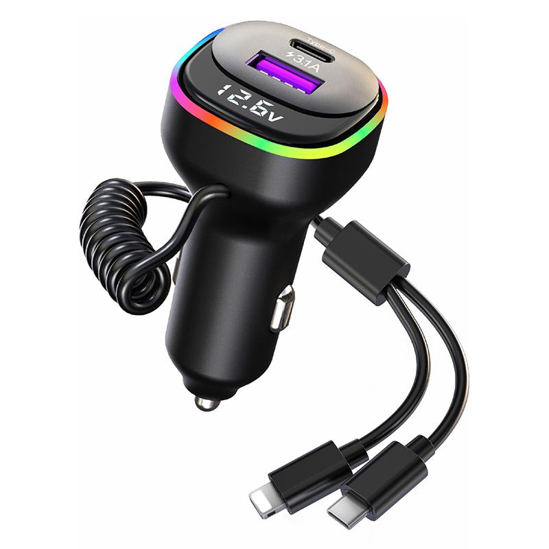 K2S PD 65W Phone Fast Charging Adapter USB+Type-C Car Charger with Type-C/8-Pin Spring Cable