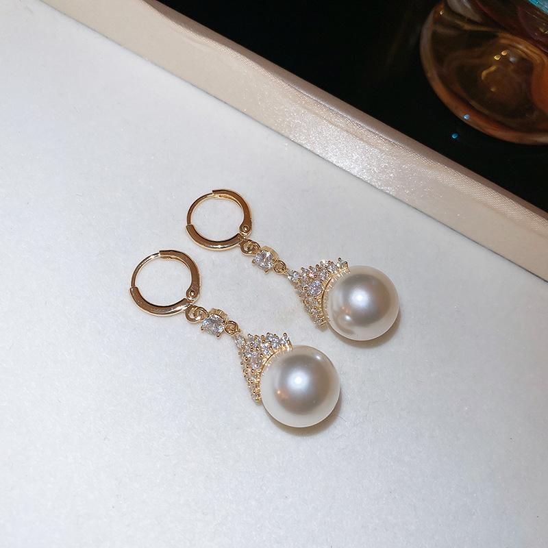 Real gold electroplated round pearl stud earrings necklace set niche earrings fashion temperament earrings light luxury high sense