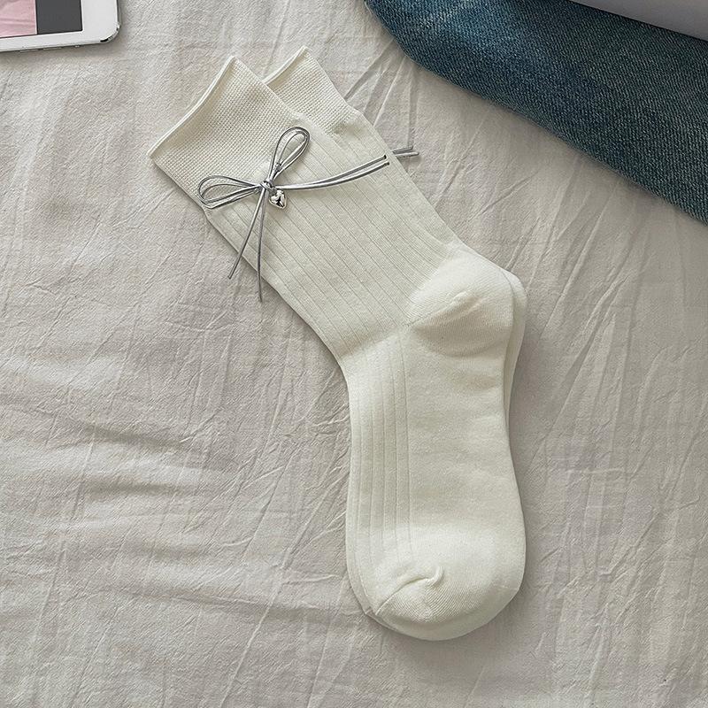 

Женские весенне-летние тонкие однотонные носки-трубы с вертикальным двойным бантом, милые носки с роликовым краем, дышащие 1 pair бежевый