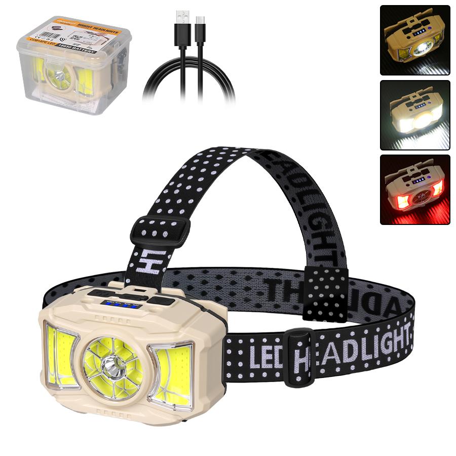Induktions-LED-Stirnlampe - Wiederaufladbar, 5 Modi LED, Wasserdichte Stirnlampe für Camping/Angeln/Notfall (Bewegungssensor & Rotes Licht)