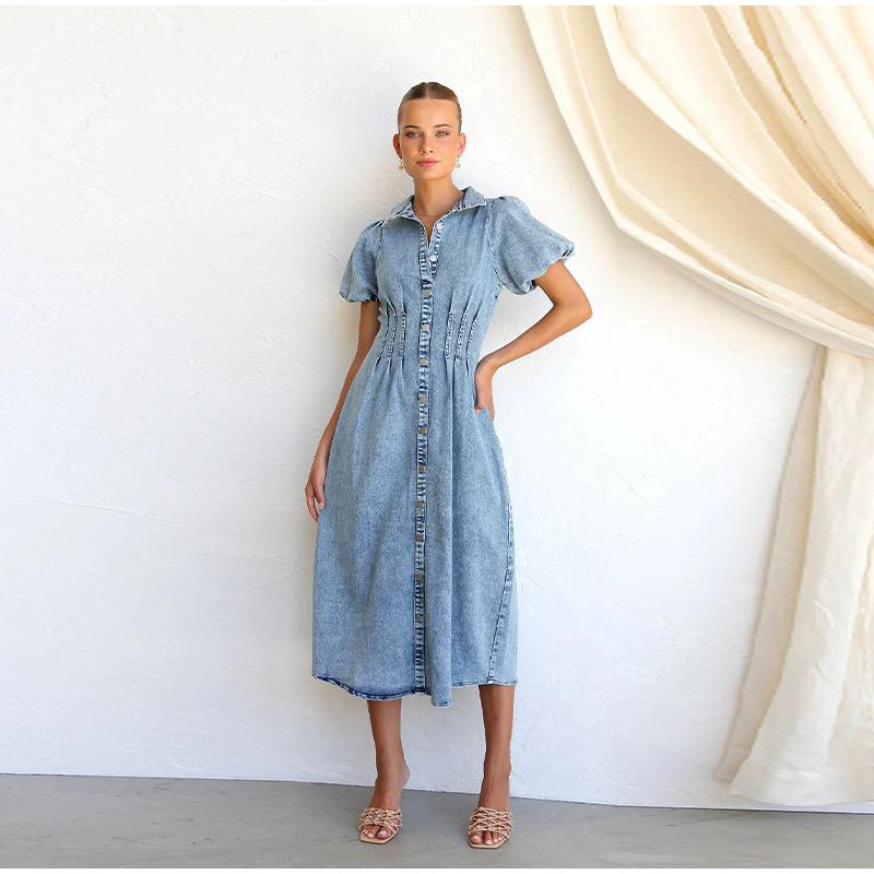 2025 Spring and Summer Puff Sleeve Short-sleeved Distressed Casual Style Shirt Denim Long Dress Single-breasted Waist Denim Long Skirt Retro