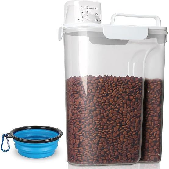 Upgraded Dog Food Storage Container Small, Cat Food Container Airtight, Pet Food Container Dispenser with Pour Spout, Measuring Cup and 4 Seal